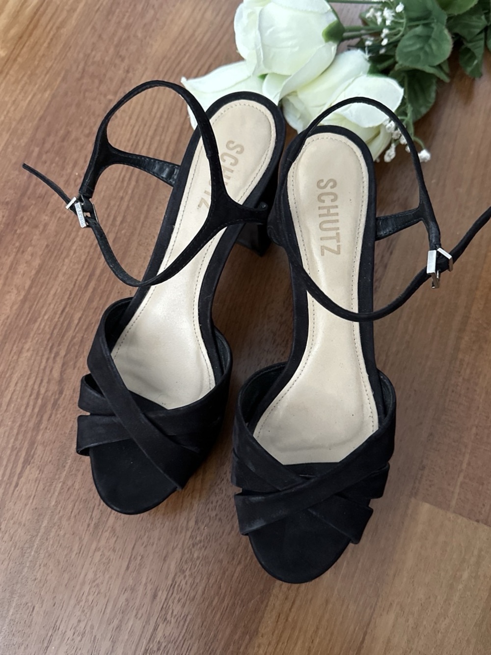 Schutz Suede Black Ankle Strap Block Heel Sandals